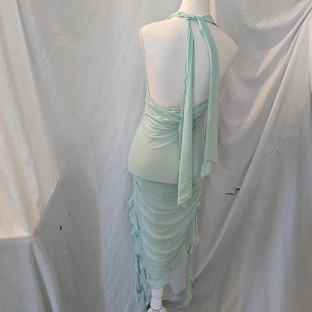 Generation Kiss Mesh Ruffle Hem Midi Dress Ruching Halter Tie Green Size M Fairy - Picture 4 of 13
